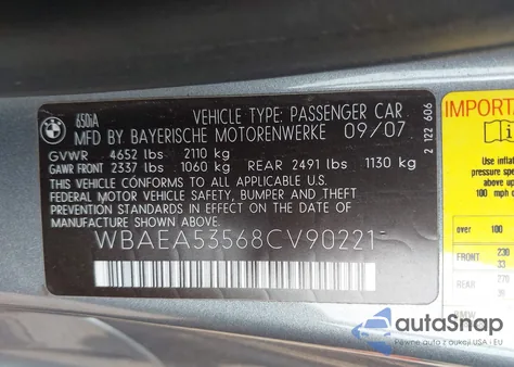 2008 BMW 650I I z USA, uszkodzony, nr VIN WBAEA53568CV90221